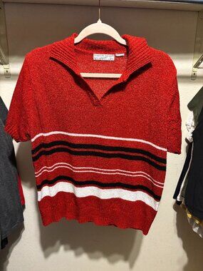 Carolyn Taylor Essentials Women's Red Short Sleeve Sweater Collared Striped Knit